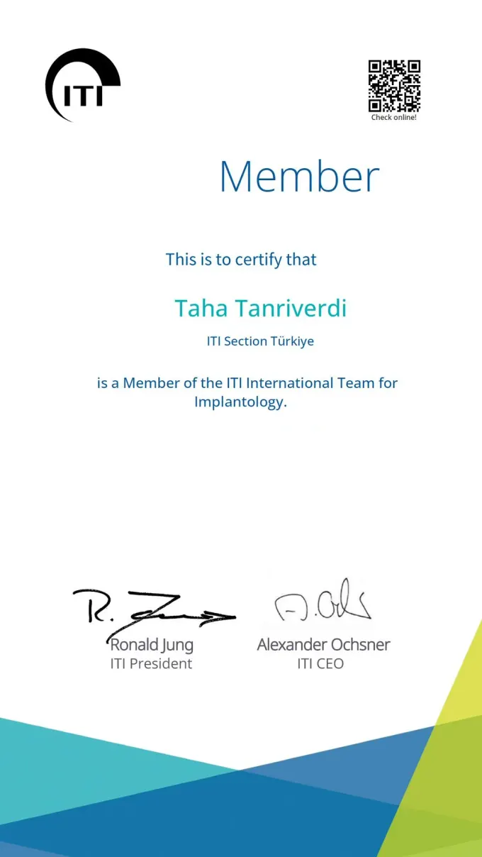 ITI Membership certificate — Dr. Taha Tanrıverdi, Member of the International Team for Implantology, Section Türkiye