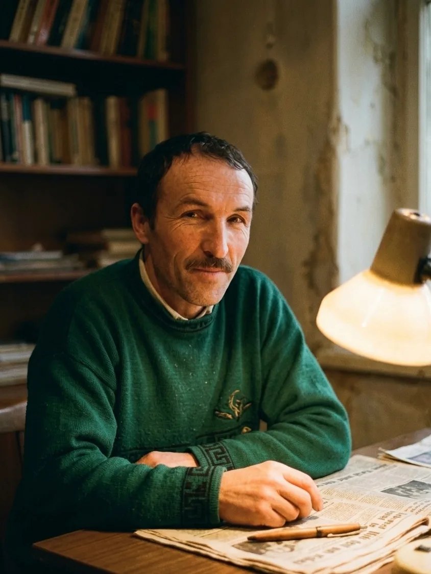 Younger Tanrıverdi at his desk with a newspaper and pen, bookshelf behind.