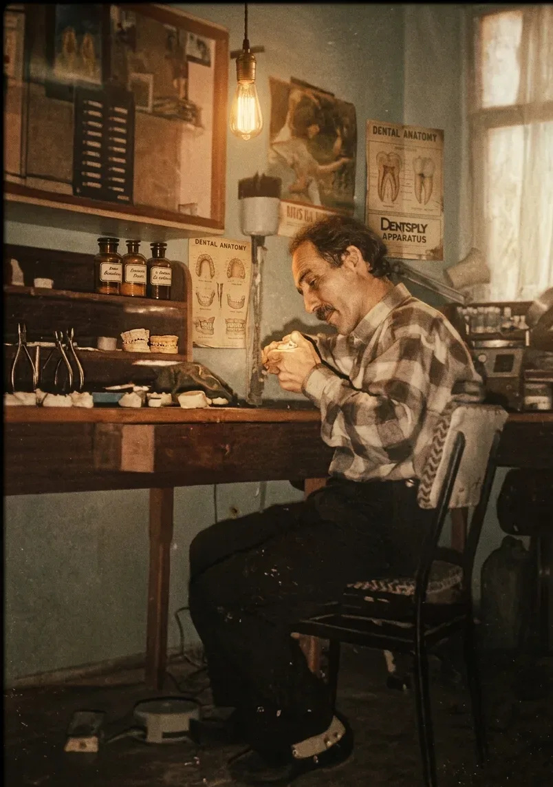 Tanrıverdi working at the dental lab bench under a single hanging bulb, period anatomy posters on the wall.
