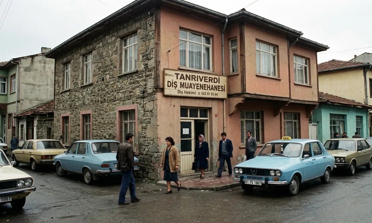 The original Tanrıverdi Dental Clinic on a quiet Trabzon street, vintage Renault taxis parked outside.