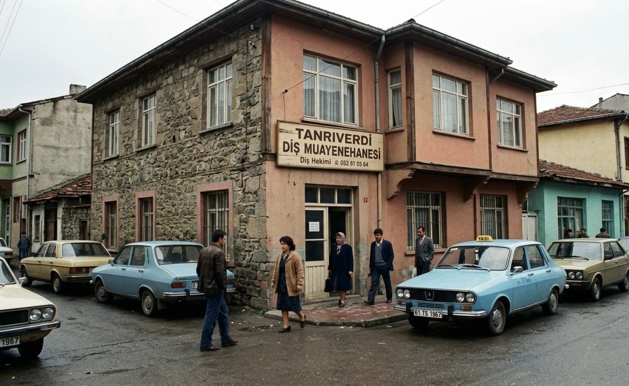 Den oprindelige Tanrıverdi-klinik på en stille gade i Trabzon, med klassiske Renault-taxaer parkeret udenfor.