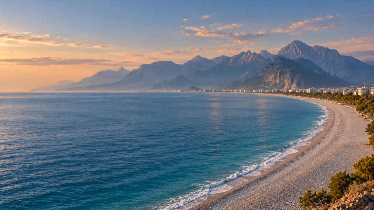 Konyaaltı beach, the Antalya coastline and the Beydağları mountains — Tantalya Dental Clinic is in Konyaaltı
